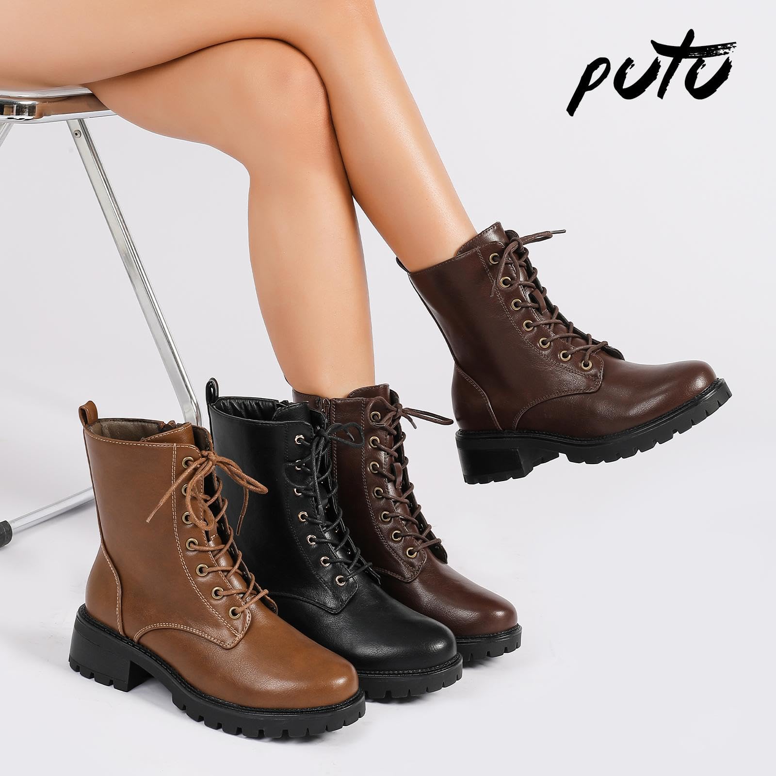 Putu Bottines Femme à Lacets et Fermeture Éclair, Bottes avec Semelle Antidérapante, Style Tendance et Faciles à Porter 36-42