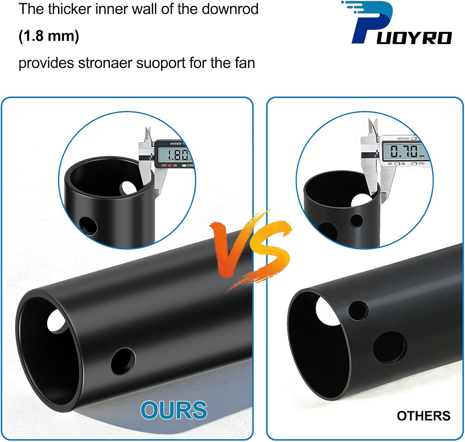 24 Inch Ceiling Fan Downrod with Extension Cable - 1 Inch Outer Diameter, Black Ceiling Fan Extension Rod,(No Threaded) Improves Airflow, Suitable for Various Ceiling Fans