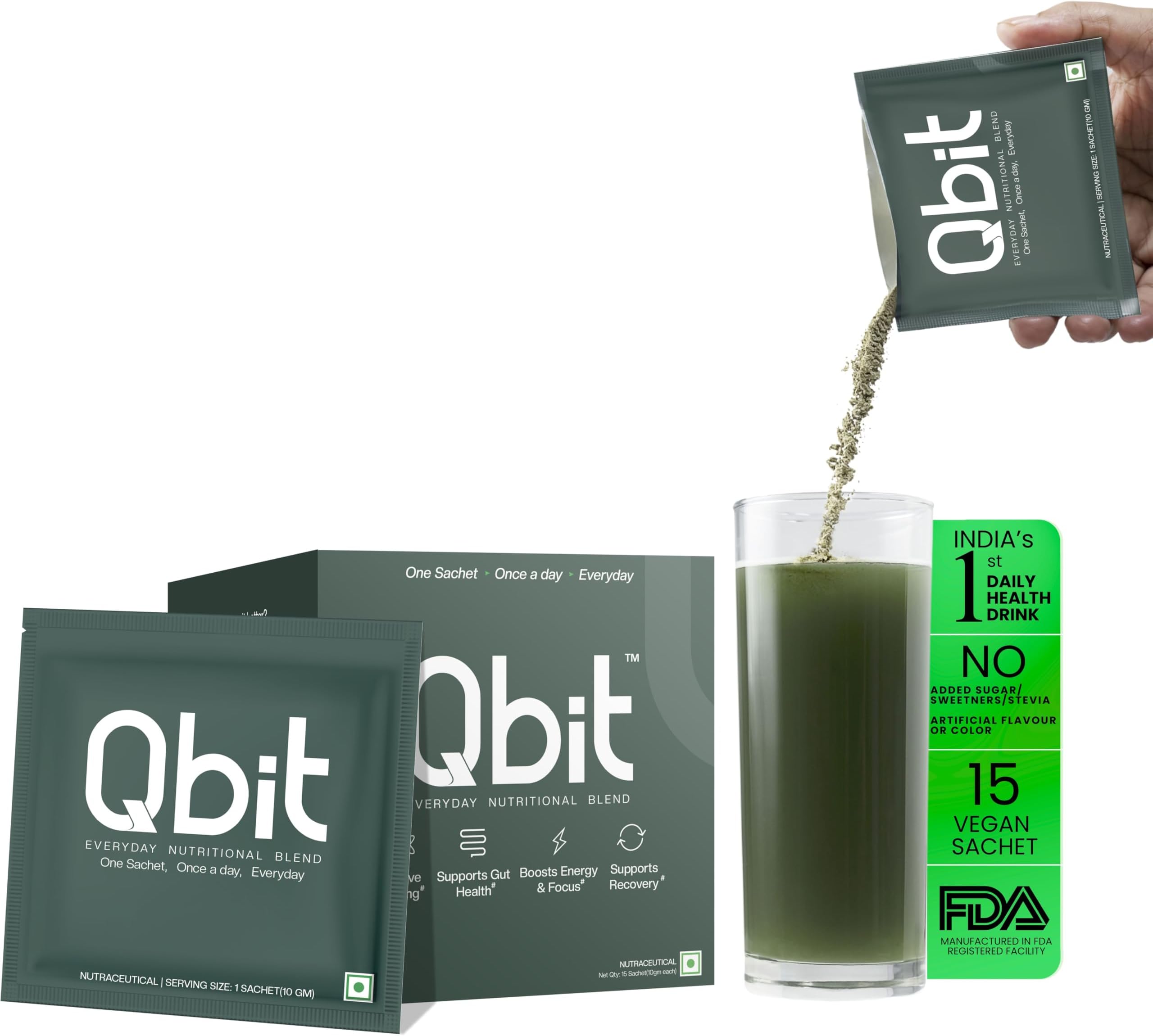 Qbit Gut Health Supplements for Men & Women | 15 Servings | Plant-Based Nutritional Health Drink Supplement with 60+ Multivitamins, Probiotics & Superfoods | Supports Gut Health, Energy & Immunity