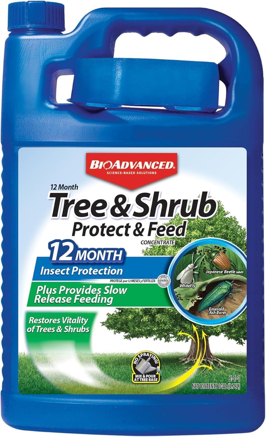12 Month Tree & Shrub Protect and Feed Concentrate - Mix & Pour - Insect Control and Plant Food - Up to 12 Months Protection - 1 gal Bottle