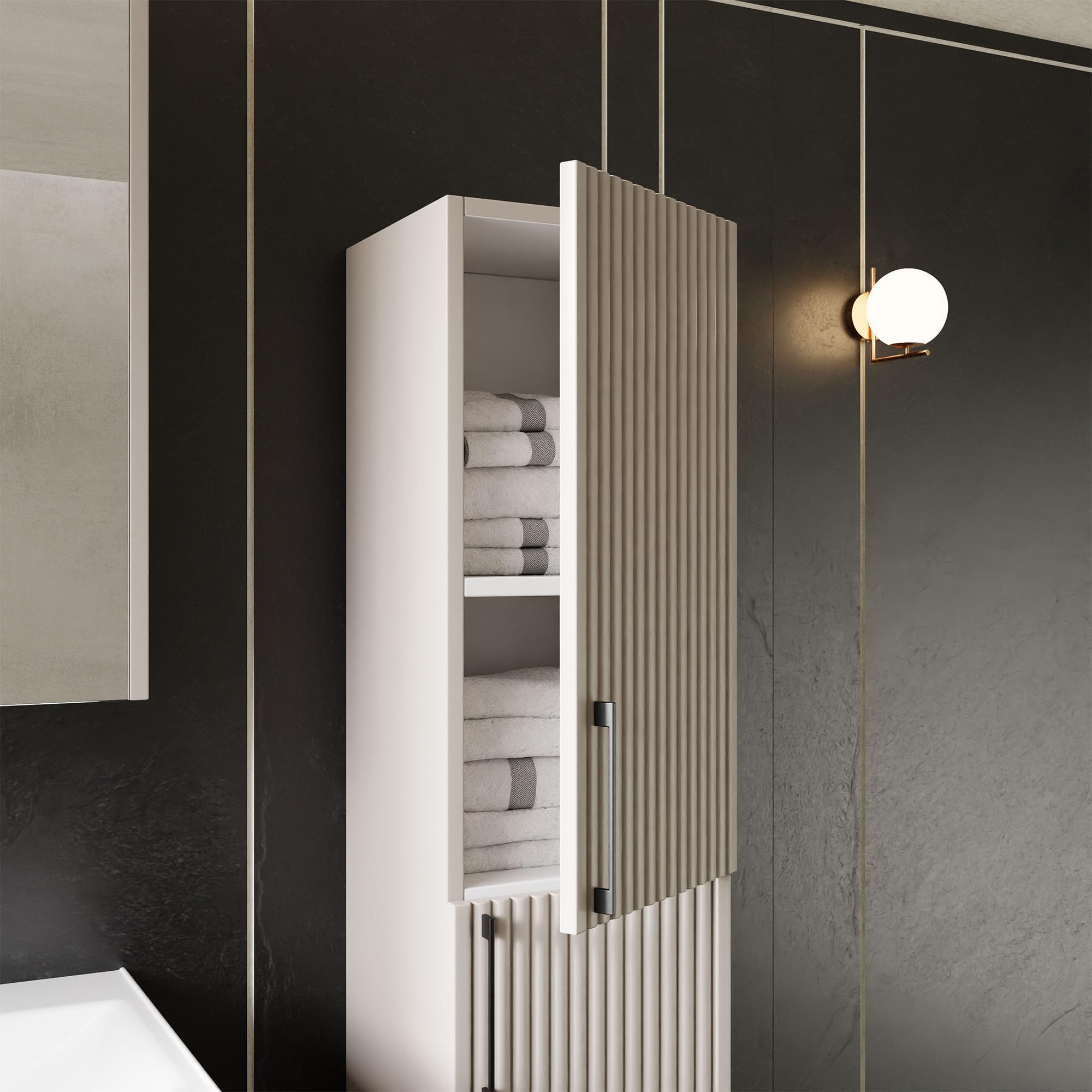 Karen Badezimmer Hochschrank 30 cm Breit Liana | 110 x 30 x 32 cm | Softclose-Türen | Bügelgriffe | Badezimmerschrank Badschrank Badhochschrank Badregal