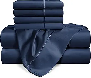 Casa Platino 100% Egyptian Cotton Sheets California King Size Set - 6 Pcs (1 Flat, 1 Fitted, 4 Pillowcases)- Ultra Smooth Sateen Weave Bed Sheets with 15" Deep Pockets - Navy Blue