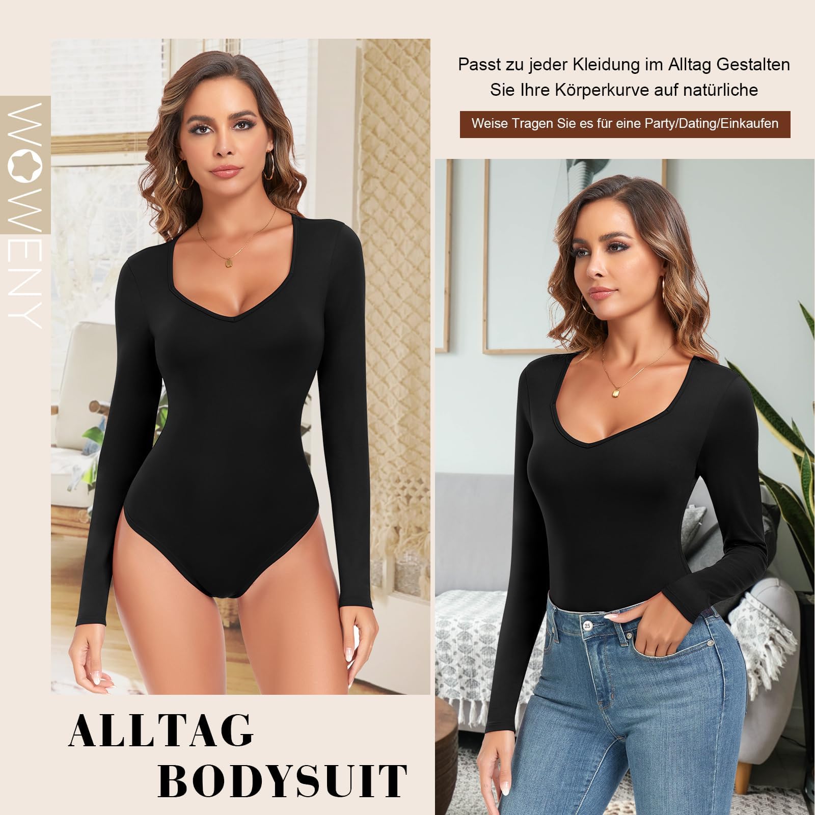 WOWENY Body Damen Kurzarm/Langarm,V-Ausschnitt Bodysuit Oberteil Body Sexy Damenbody Schmal Bodysuits Tops Unterziehbody Elegant body für Frauen Sommer