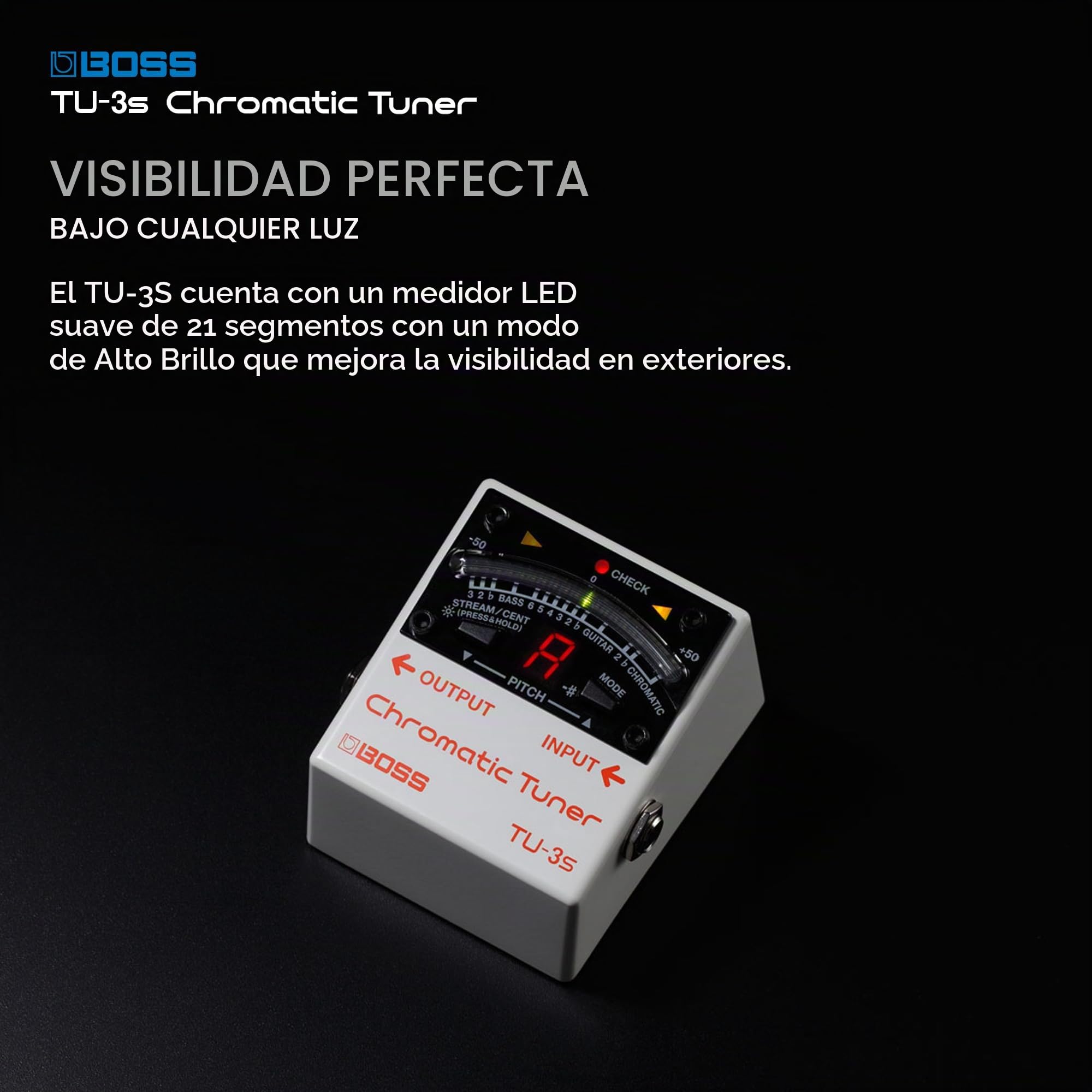 Afinador cromático compacto para pedalera BOSS TU-3S | Excelentes prestaciones en formato diminuto | Afinación de precisión para guitarra y bajo | Indicador LED de 21 segmentos