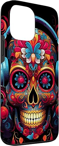 Miniatura 3 de iPhone 13 Pro Max Calavera Calavera Calavera Sugar Skull con auriculares - Funda temática musical