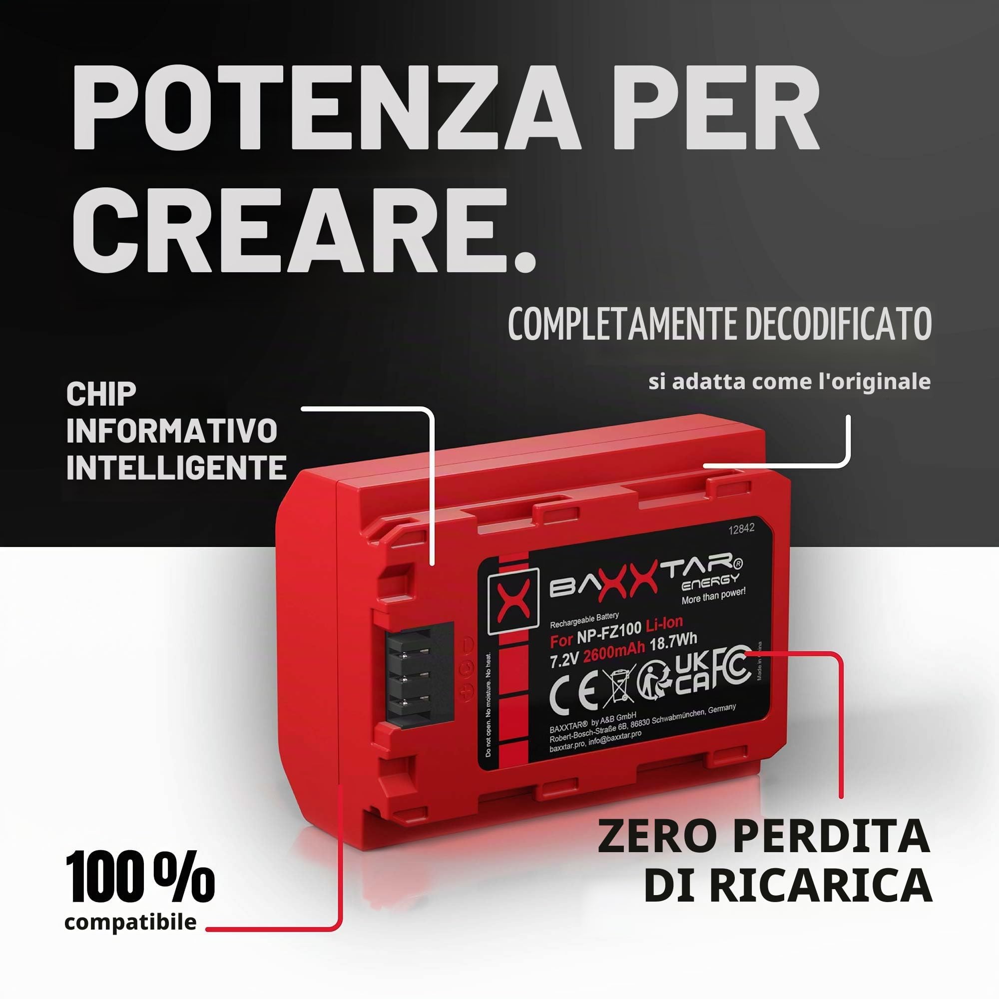 Baxxtar Set - NP-FZ100 Batteria 2600mAh con Caricabatterie 18582 USB-C Dual