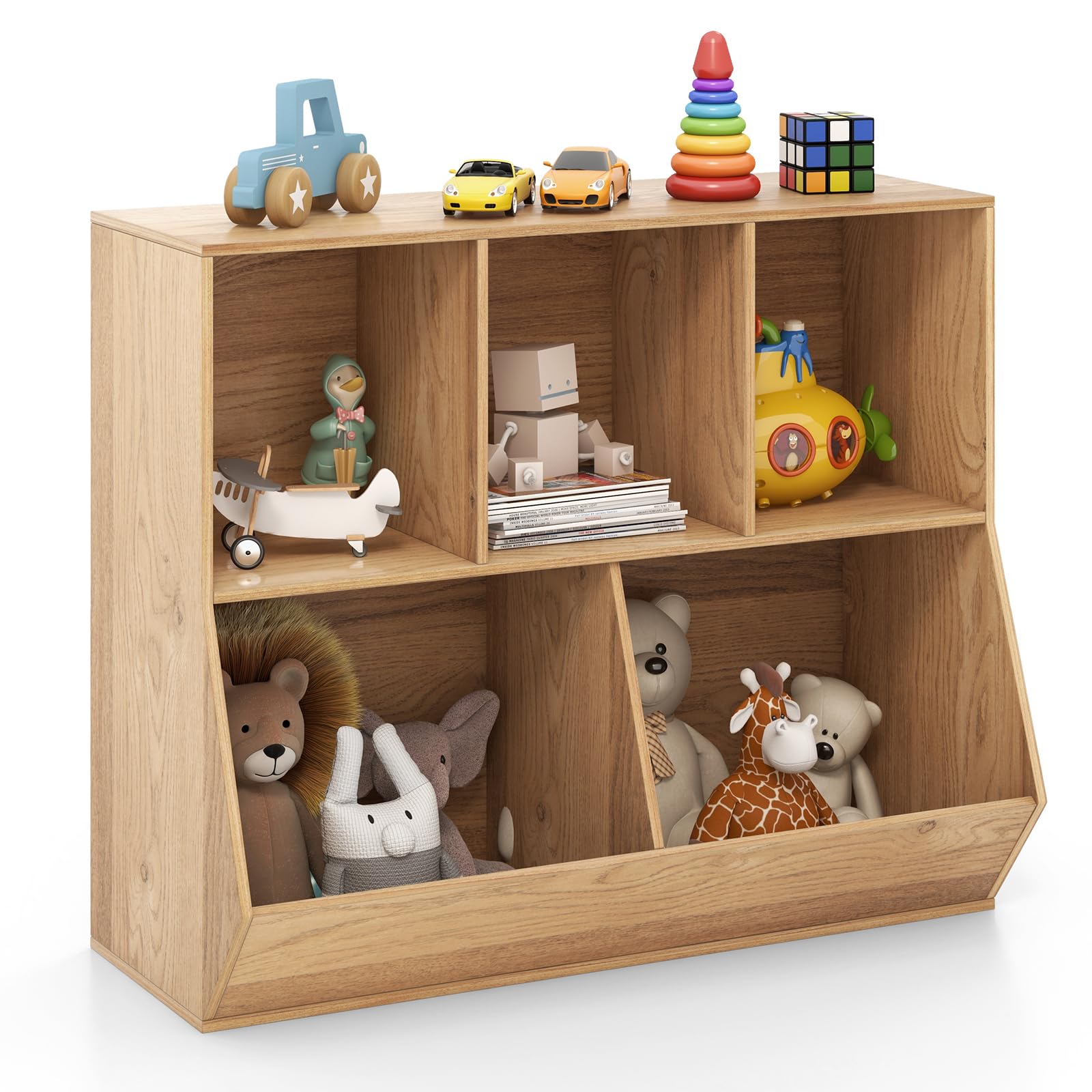 GYMAX Toy Storage Organizer, 5 Cubby Kids Storage Shelf Unit with Anti-Tipping Kits, Wooden Children Bookcase for Kids Room Playroom Nursery (Natural)