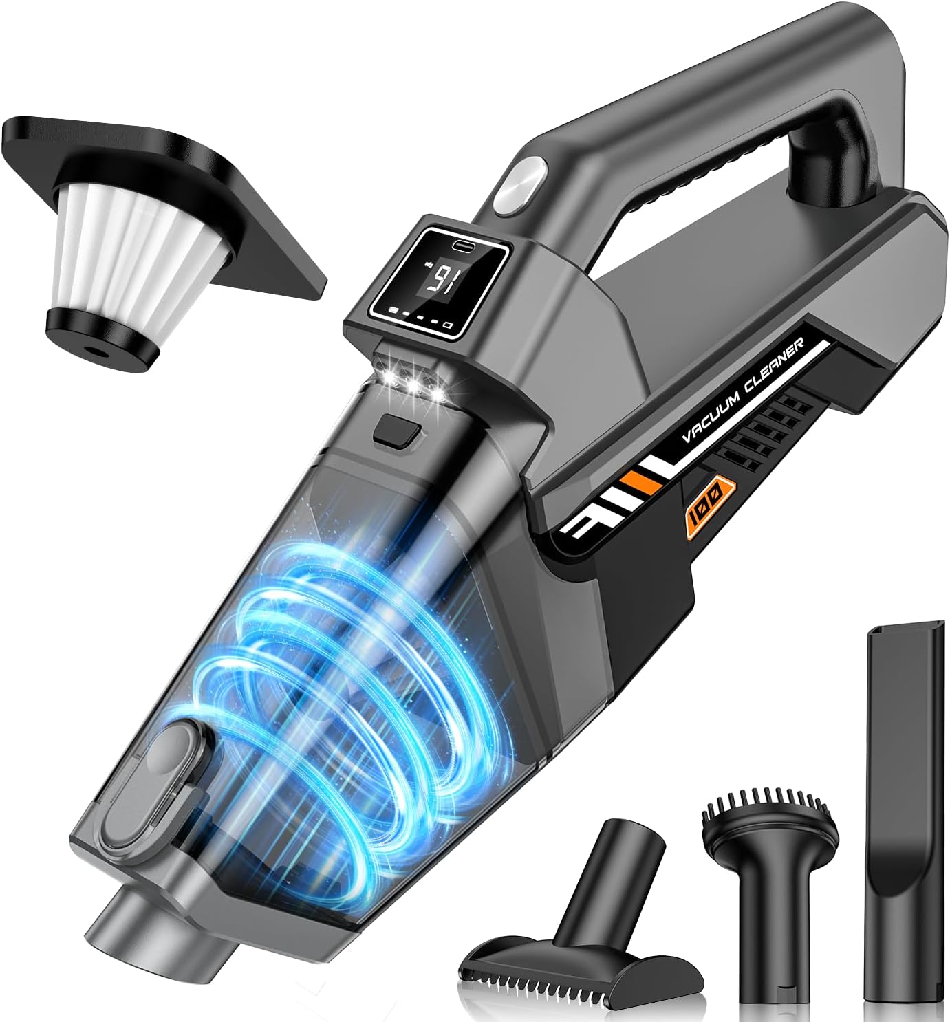 BQYPOWER Aspiradora de mano inalámbrica, potente succión de 16 KPA, aspiradora de mano para eliminar el polvo, recargable, pantalla HD y 3 luces