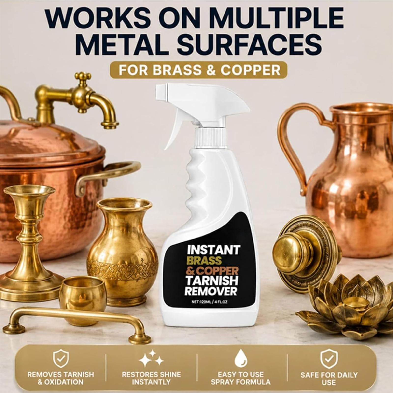 Sofort Messing-Anlaufentferner Spray, Messing Reiniger Und Politur (3pcs) | 120ml Metallpolitur Sanfte Formel Für Messing, Aluminium Und Metallbeschläge