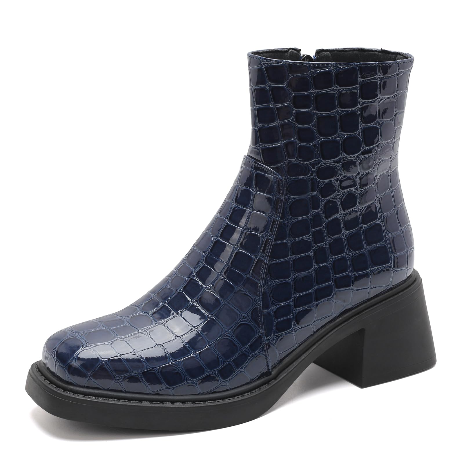 Womens Synthetic Crocodile-Patterned Leather Chunky Heel Zip Ankle Boots for Casual-to-Semi-Formal Occasions