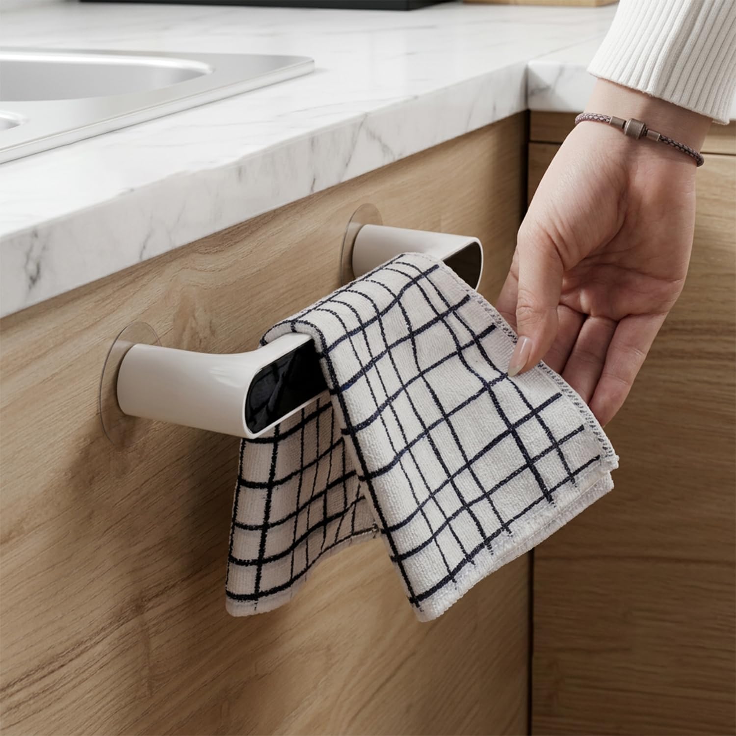 HITSHREE Self Adhesive Plastic Wall Mounted Napkin Towel Holder Stand for Kitchen Bathroom Wash Basin Toilet Laundry Pantry Towel Bar Towel Hanger Towel Rail Wall Mounted Towel Organizer 25.7CM-image-28