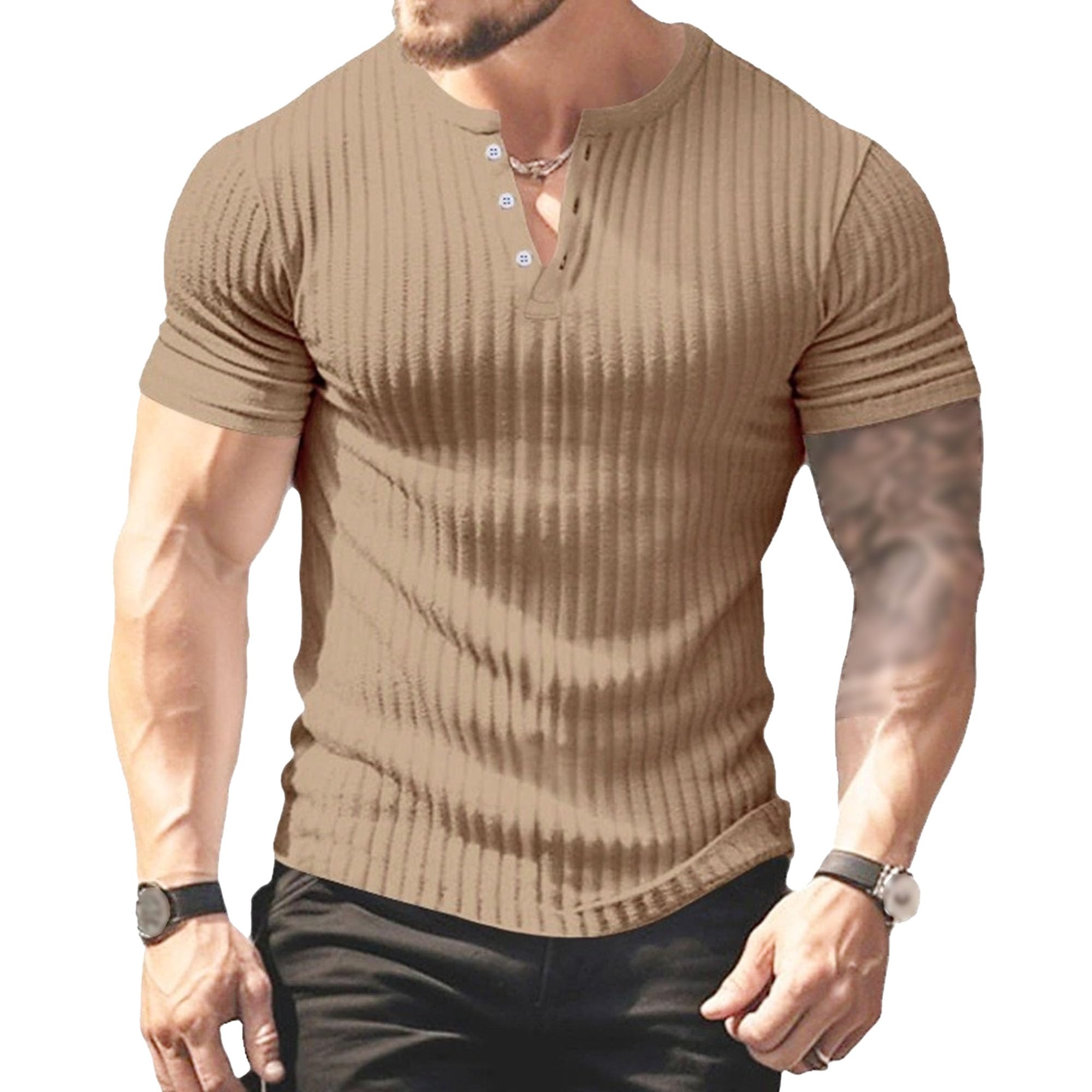 Men 3- Button Casual Knitted T-Shirt Slim Outdoor Leisure Knit Pullover Tops Summer Classic Solid Thin Polo Shirts (Khaki,Medium)