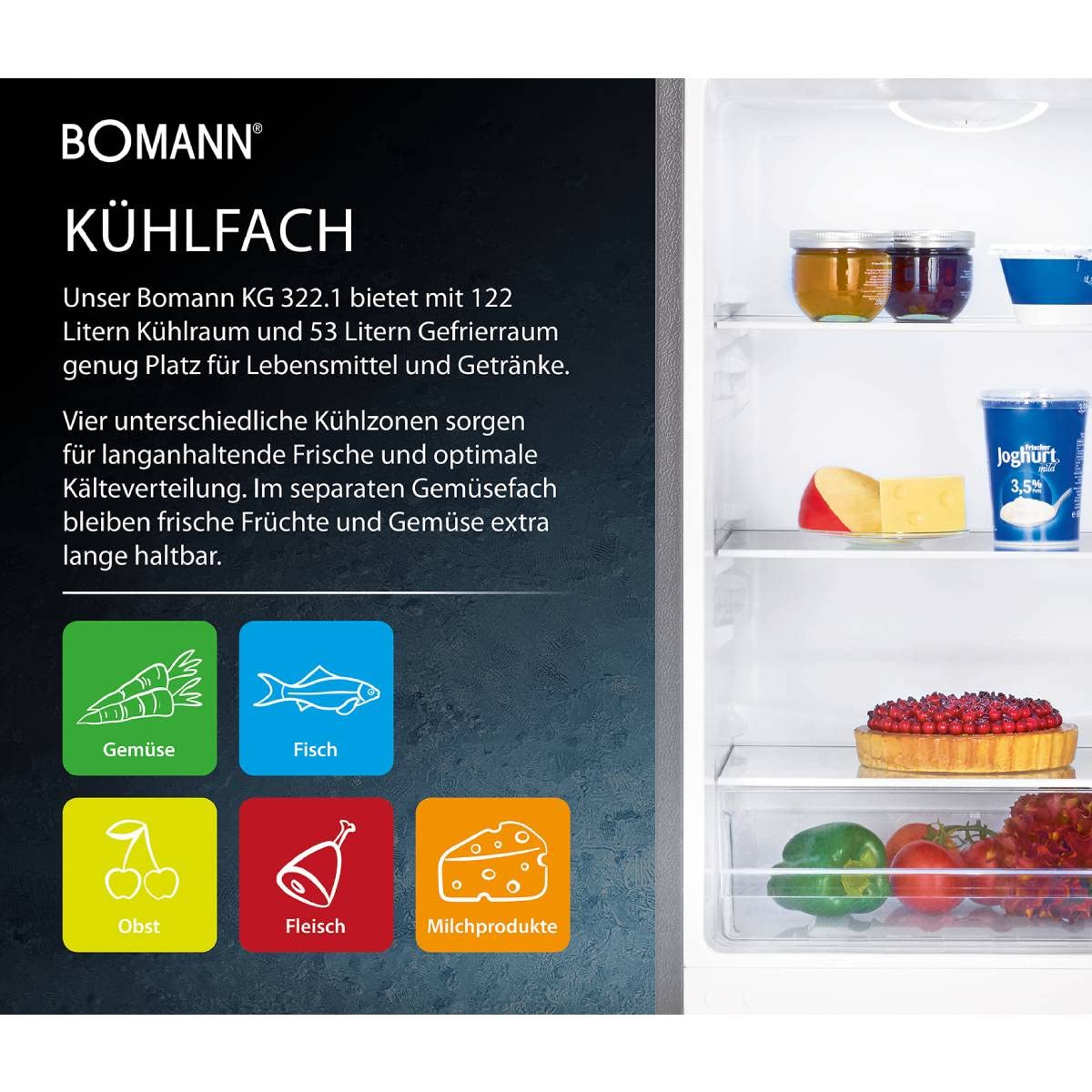 Bomann® Kühlschrank mit Gefrierfach | Energieklasse D | 143cm | Kühl Gefrierkombination leise 39 dB | 3 Ablagen & 3 Schubladen | Türanschlag wechselbar | 175L Kühlgefrierkombi | KG 322.1 inox