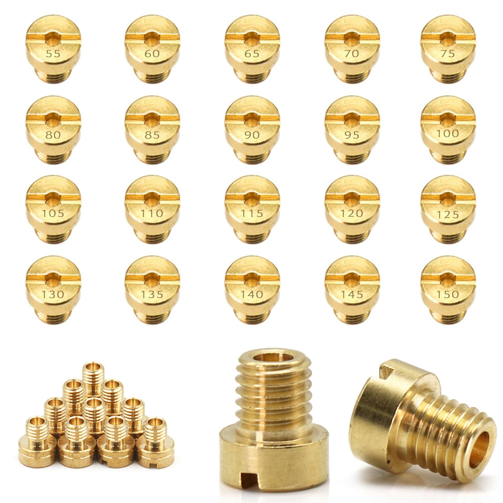 INNAL 20 pcs Vergaserdüsen M5,Hauptdüsenset Satz,Vergaser Düsen,Gasdüsen, 55，60，65，70，75，80，85，90，95，100，105，110，115，120，125，130，135，140，145，150 Vergaserdüsen Satz für Roller Motorrad Schaltmoped