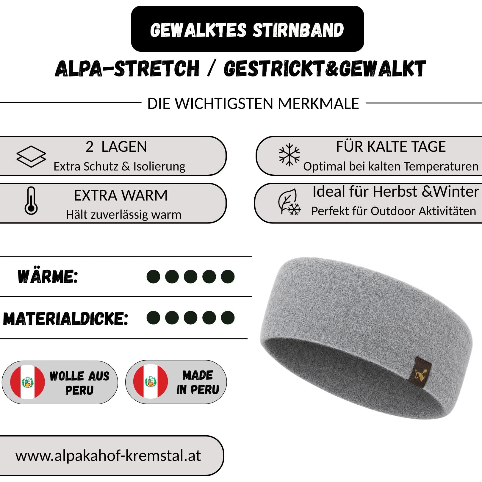 Stirnband aus 97% Alpaka – gewalkt, warm & windfest – elastisch – temperaturregulierend & atmungsaktiv – Winter-Stirnband für Damen & Herren, ideal für Outdoor Aktivitäten & Sport (hellgrau)
