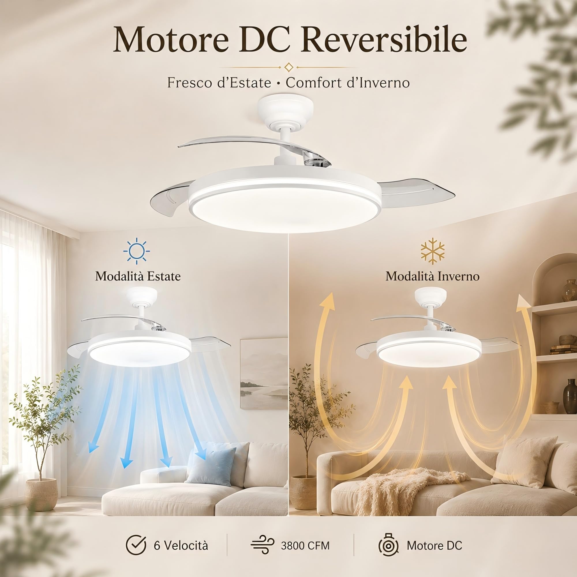MARSI Ventilatore da Soffitto con Luce e Pale Retrattili 106cm, Lampadario Ventilatore Silenzioso con Telecomando, Motore DC Reversibile, 6 Velocità, LED Dimmerabile, per Camera da Letto e Soggiorno
