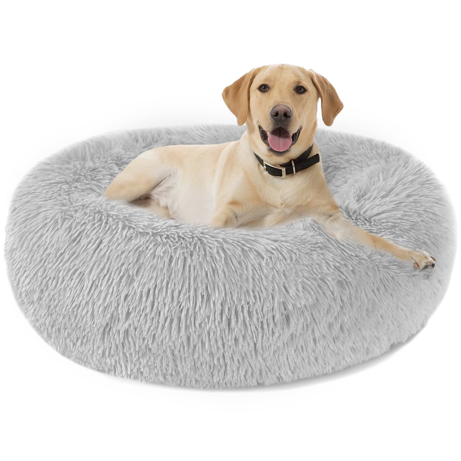 Nepfaivy Calming Dog Cat Donut Bed - Fluffy Plush Puppy Kitten Cuddler Round Bed, Warm and Soft Pet Cosy Anti Anxiety Beds with Non-Slip Bottom and Washable (XXXL-90CM, Grey)