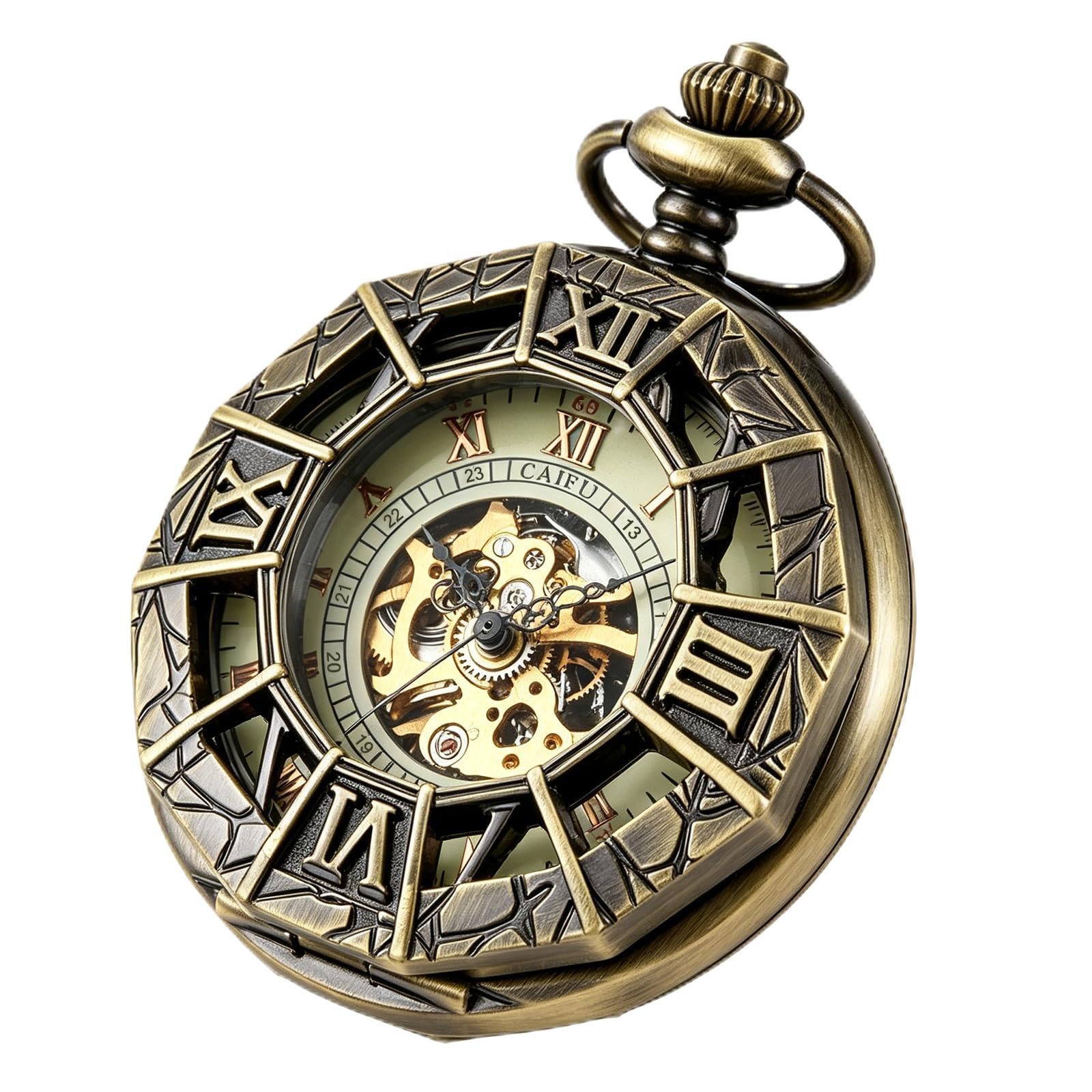 Fashion Skeleton Mechanical Pocket Watch, Antique Roman Numeral Dial Mechanical Pocket Watches for Men with Box