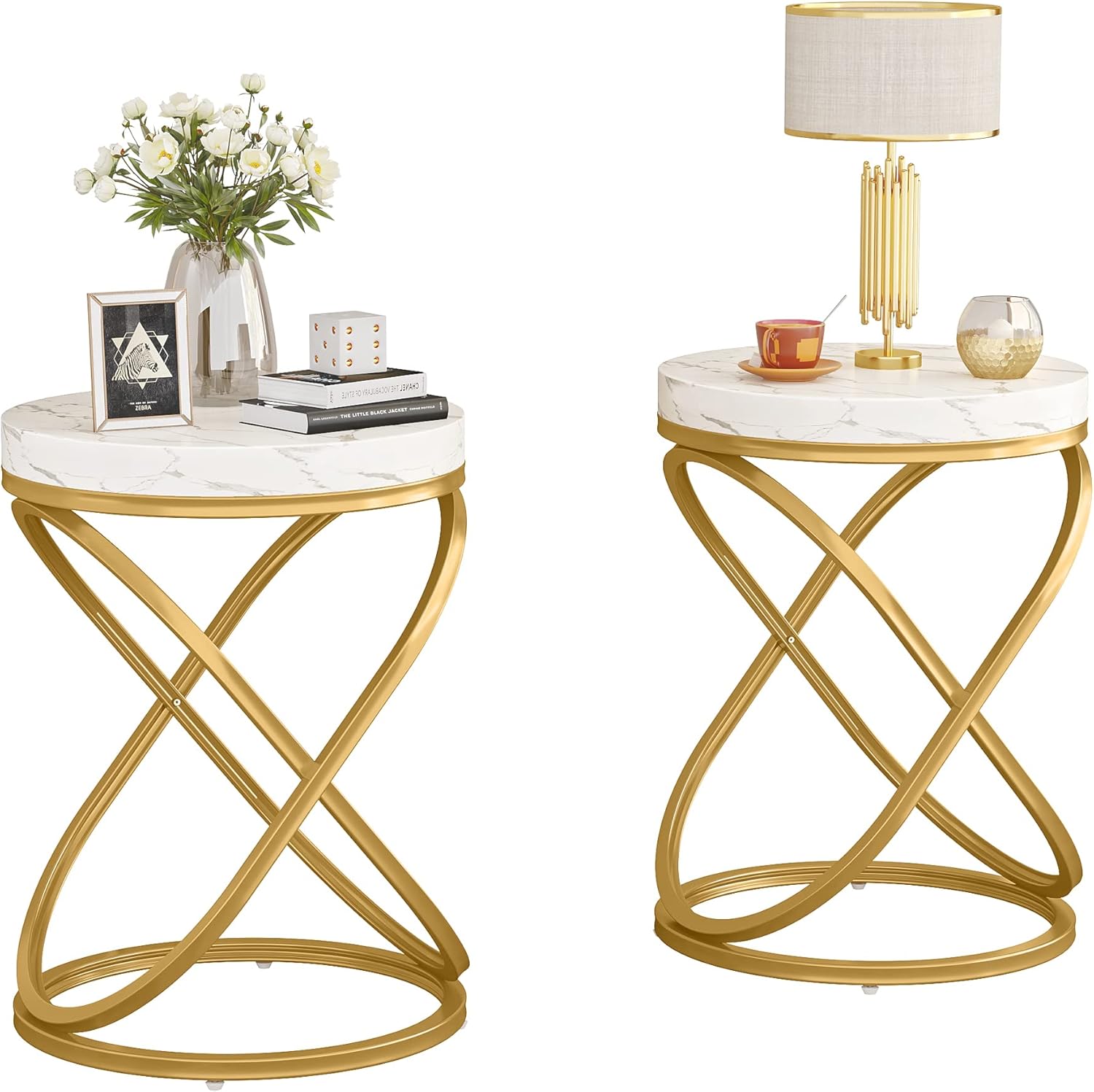 Tribesigns End Tables Living Room Set of 2, 26 Inches White and Gold Faux Marble Top