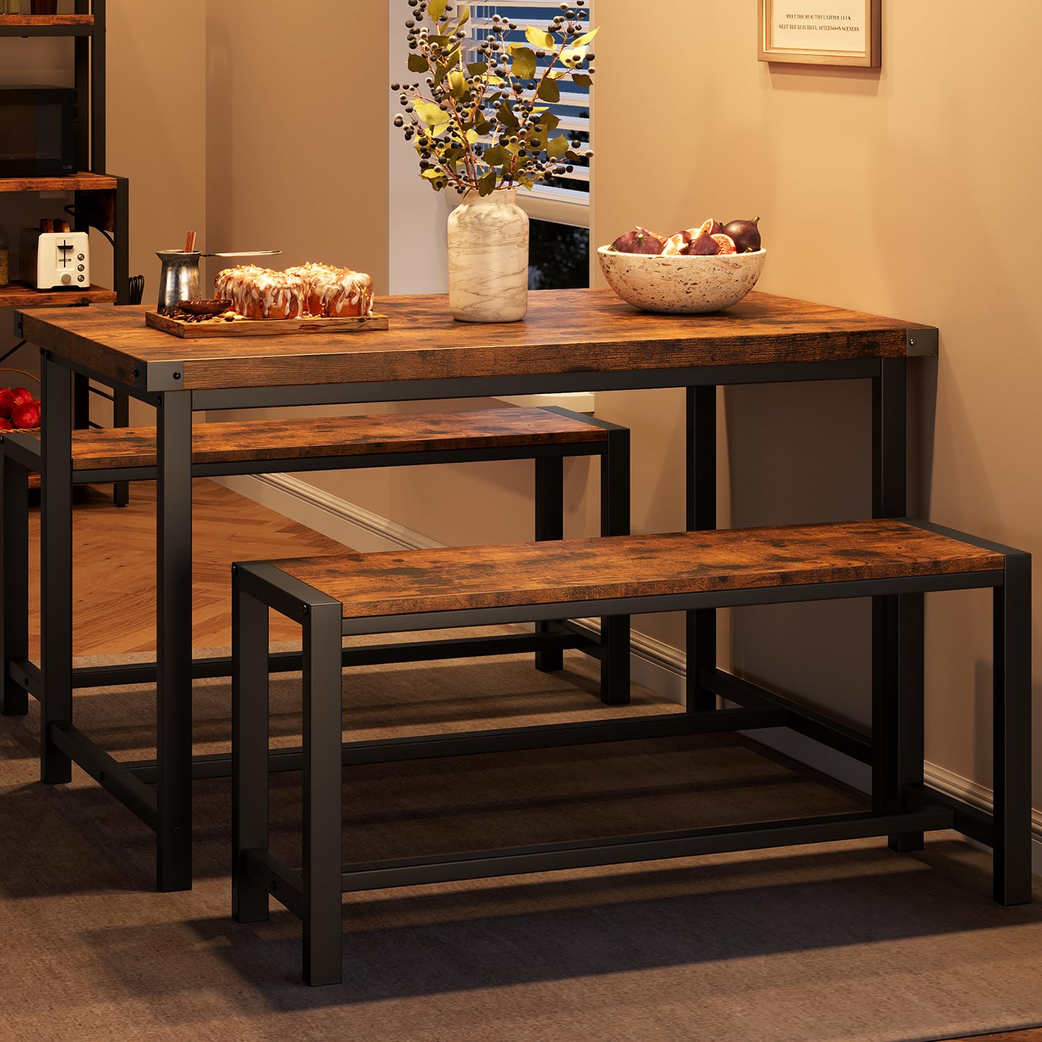 IDEALHOUSE Dining Table Set for 4, Kitchen Table with Benches, Rectangular Dining Room Table Set with 2 Metal Wood Benches, 3 Piece Dining Table Set for Small Space, Apartment, Dinette, Retro Brown