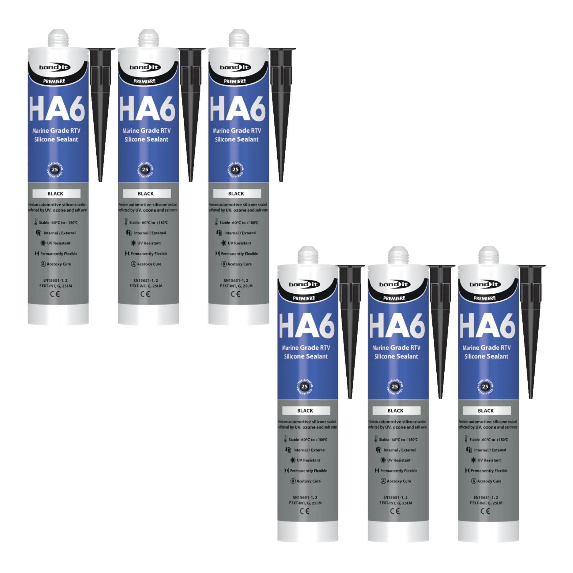 Bond It HA6 High Modulus Marine Silicone Sealant – 6x Black, 310ml | Aquarium-Safe – UV & Saltwater Resistant – Waterproof – Flexible | Ideal Sealant for Glass – Gaskets – & High Movement Joints