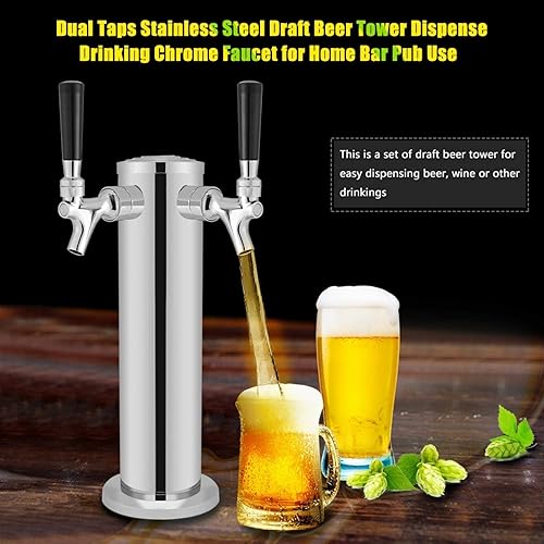 Dispensador de torre de cerveza, kit dispensador de torre Kegerator de cerveza de acero inoxidable con 2 asas de grifo y manguera, llave de barril,