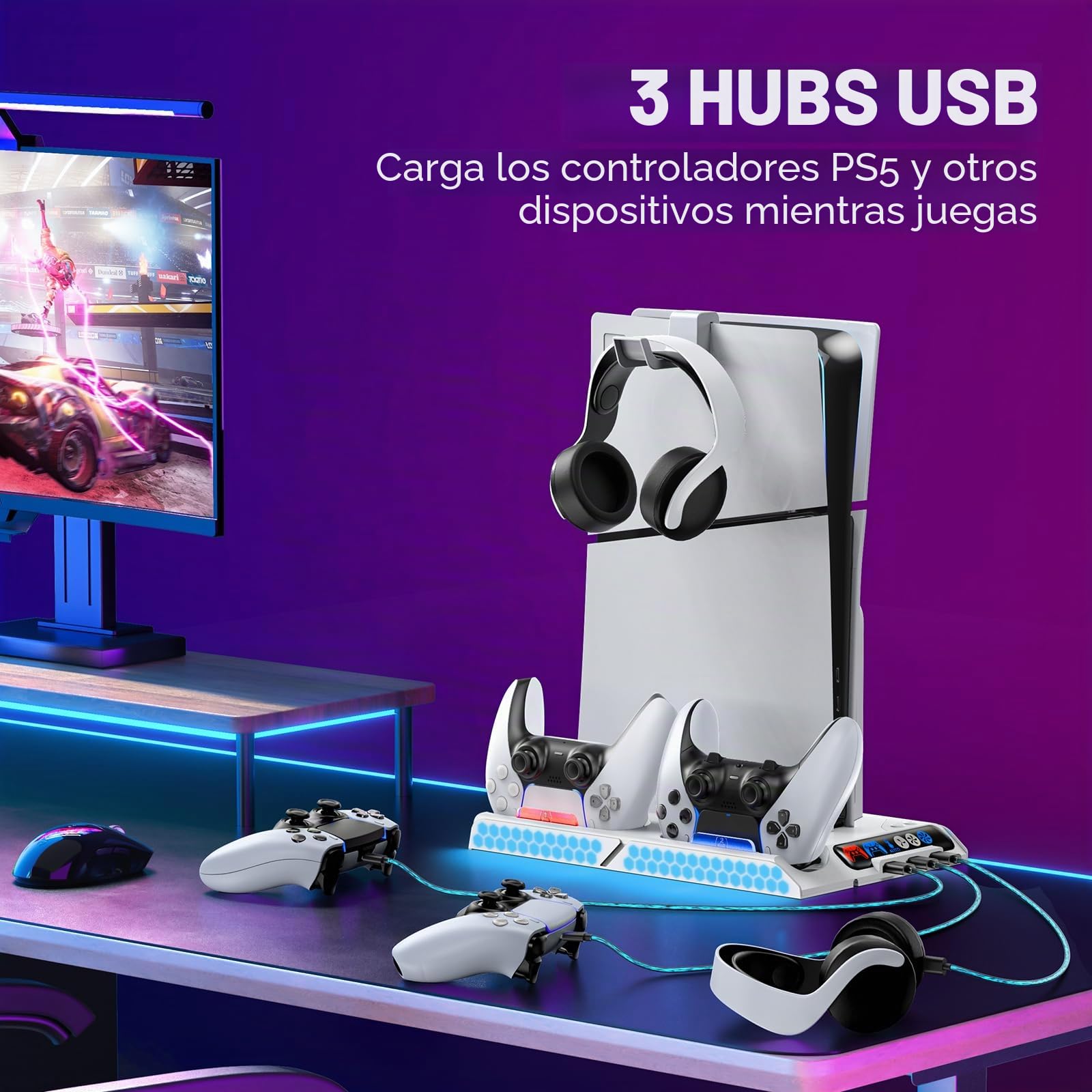 Tokluck Soporte de Refrigeración para PS5 Pro/PS5 Slim/PS 5 con Ajuste Automático, Base Carga Mando PS5 con Ventilador de Refrigeración de 4 Etapas, Accesorios PS5 Original/Edge Controller
