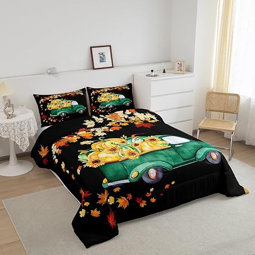 Miniatura 2 de CYJS11386ZMD-BZ_USk - Juego de edredón de otoño con diseño de calabaza, camión, automóvil, hojas de arce, cosecha de otoño, rústico, para niños,