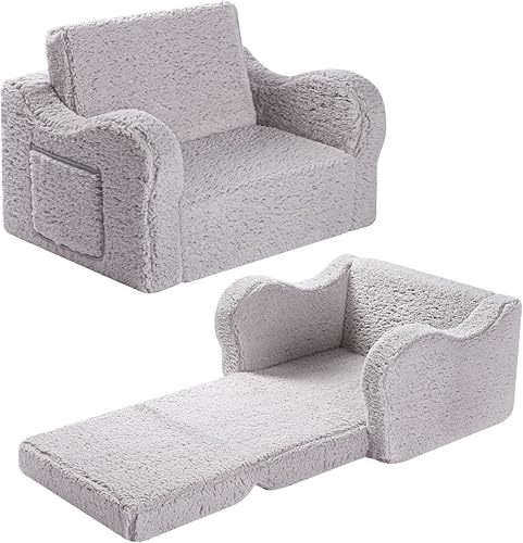 Sofá para Niños, Sofá de Espuma Desenfundable 2 en 1 con Suave Cubierta Sherpa, Cómoda Silla de Juego, Gris