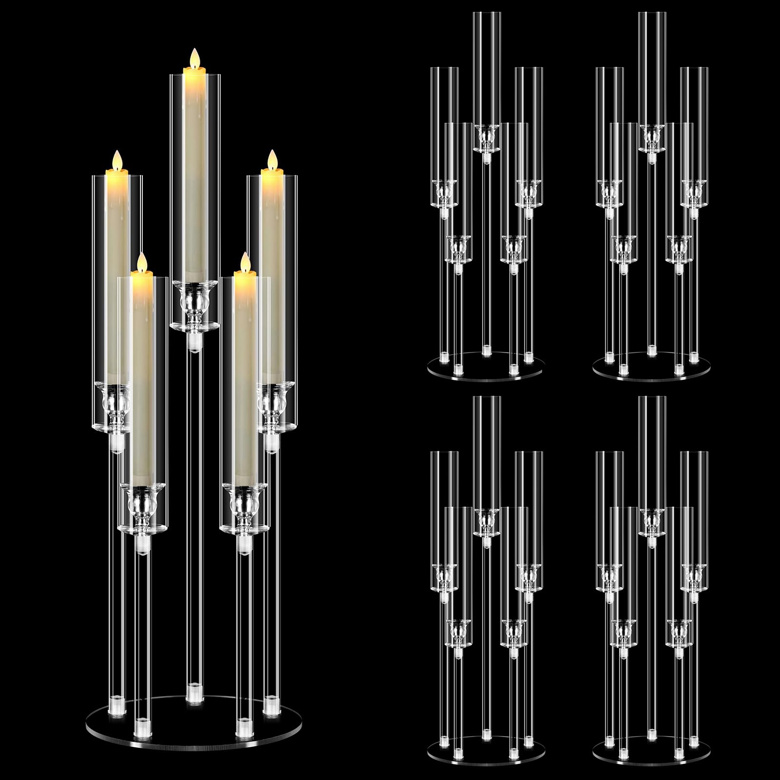 4X MSDADA Großer 5-Armiger Kerzenleuchter aus Acryl 68 cm, Hohe Klare Kerzenständer für Wohnzimmer Hochzeit Weihnachten Festliche Deko, Kompatibel mit 2 cm LED Stabkerzen