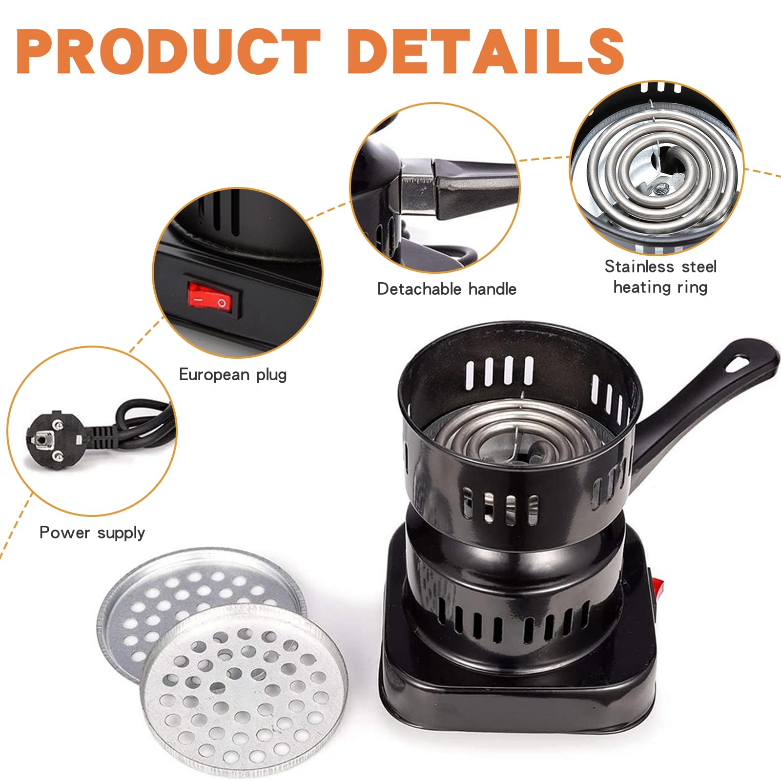 Allume-charbon électrique pour chicha - 500 W - Barbecue à charbon électrique avec long câble et poignée - Brûleur à charbon - Accessoires électriques - Cadeau d'allumage