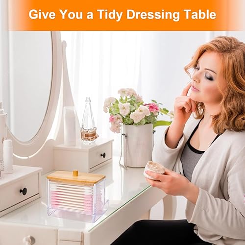 Miniatura 5 de Soporte para hisopos de algodón, dispensador de hisopos de algodón con tapas de bambú, soporte Qtips, juego de baño, recipientes de baño, tarros de