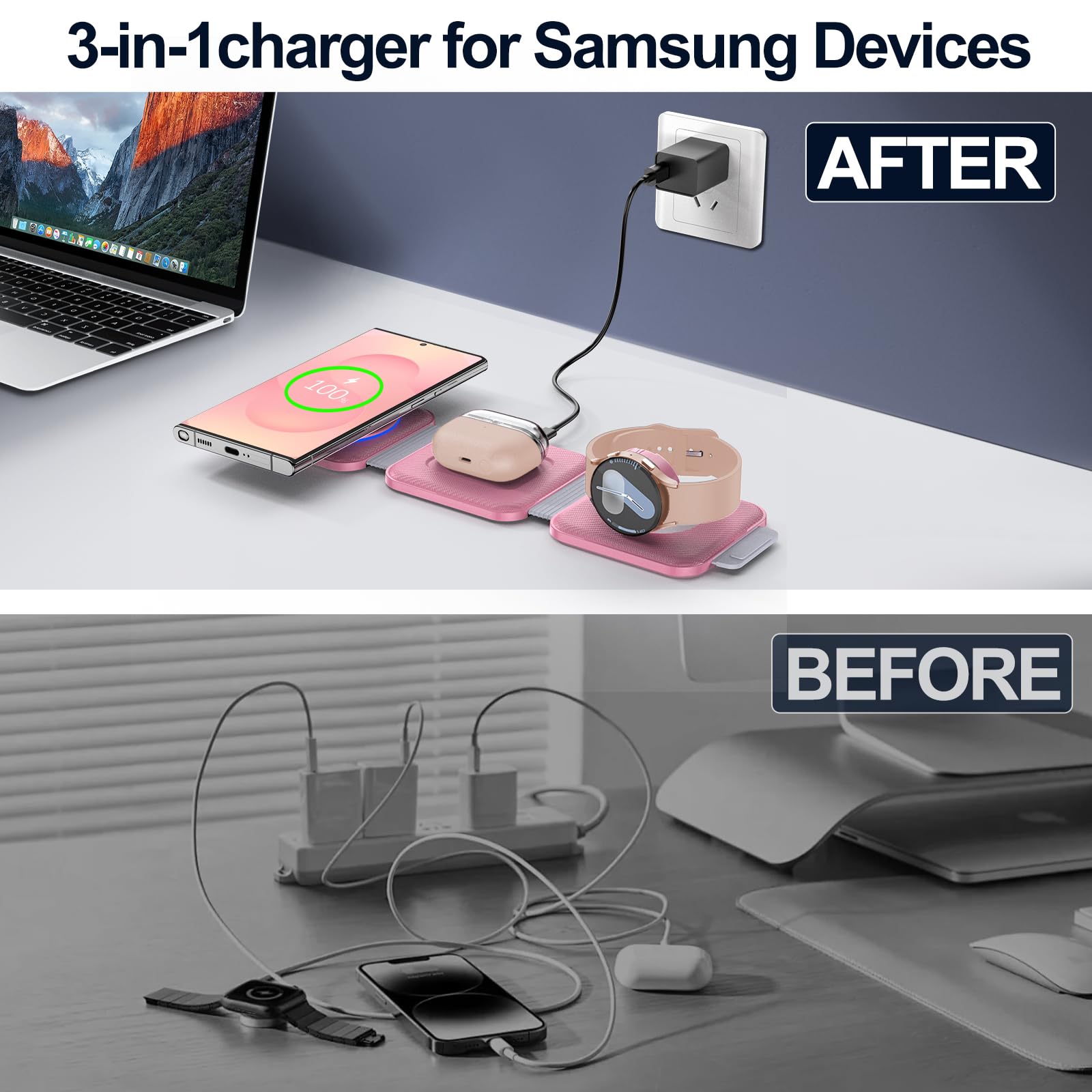 Chargeur sans fil pliable 3 en 1 pour plusieurs appareils Samsung, station de charge sans fil de voyage pour Galaxy S25 Ultra/S24/Z Fold Flip 6/5, station de charge pour Samsung Watch 7, Buds Pro3