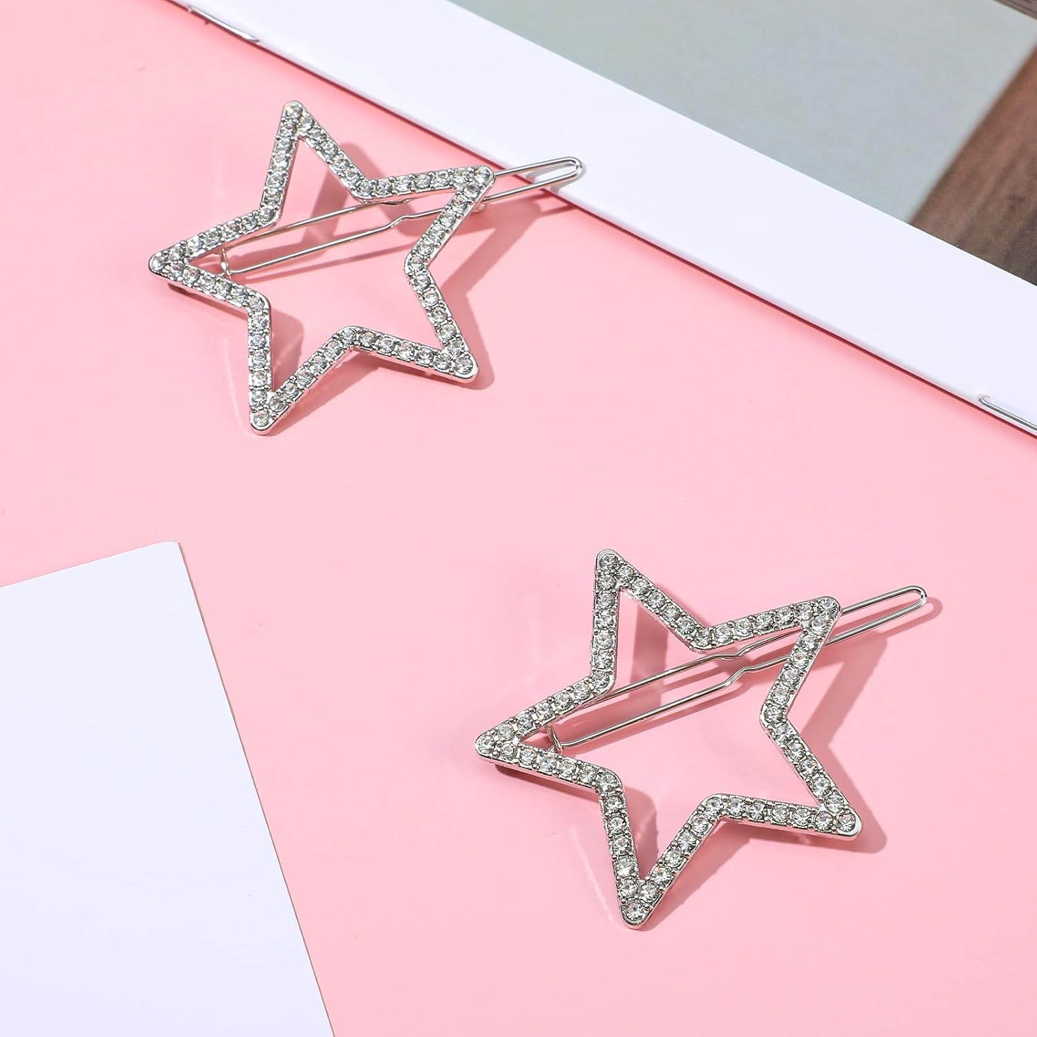 2PCS Star Hair Clip, Silver Star Hair Clips with Sparkly Rhinestones Hollow Stars Barrettes for Women Lady Girls Long Short Straight Curly Hair Accessories