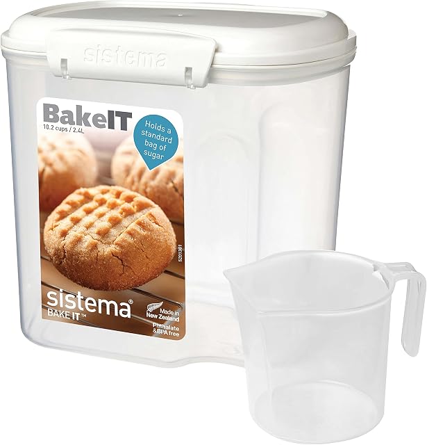Sistema BAKE IT Food Storage Container + Measuring Cup | 2.4 L Food Pantry Storage Container | BPA-Free | White/Clear | 1 Count
