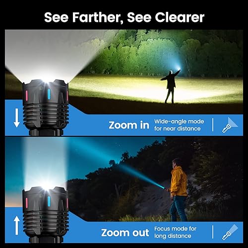 Miniatura 5 de THORFIRE Linterna LED recargable, 100000 lúmenes altos, alcance de 4921 pies, 5 modos, impermeable, zoomable, linterna táctica súper brillante, para