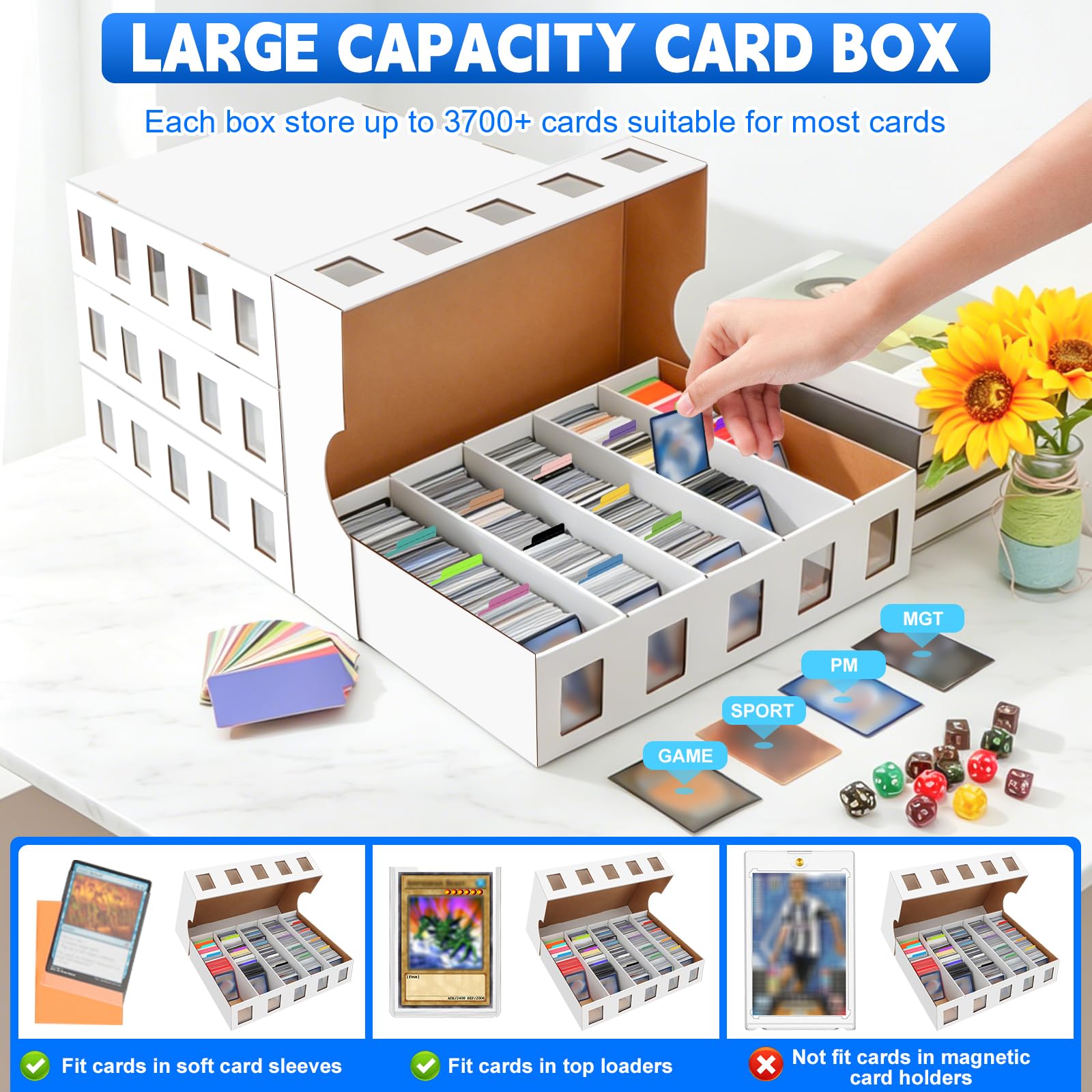 HIMOMO 6 Boîtes de Rangement pour Cartes à Collectionner à 5 Rangées, Jusqu’à 3700 Cartes par Boîte, avec 48 Séparateurs Colorés et Étiquettes, pour TCG, Cartes de Sport, Pochettes et Top Loaders