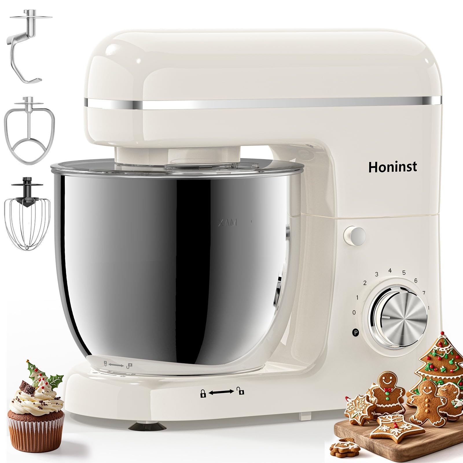 Honinst Stand Mixer 3-In-1 8-Speed 660W 6 5QT Tilt-Head Food Electric Mixers with Bowl Dough Hook Whisk and