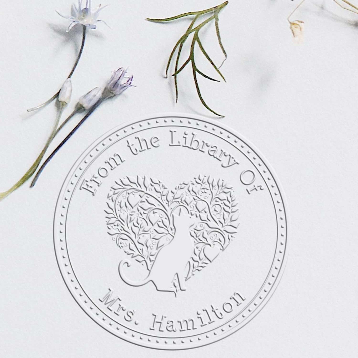 Custom Book Lover Embossing Stamp - Soft Comforting Kitty Design, 'This Book Belongs to' Personalized Embossed Stamp, Easy-to-Use Custom Name Inscription Paper Embosser, 1-5/8 Round Imprint