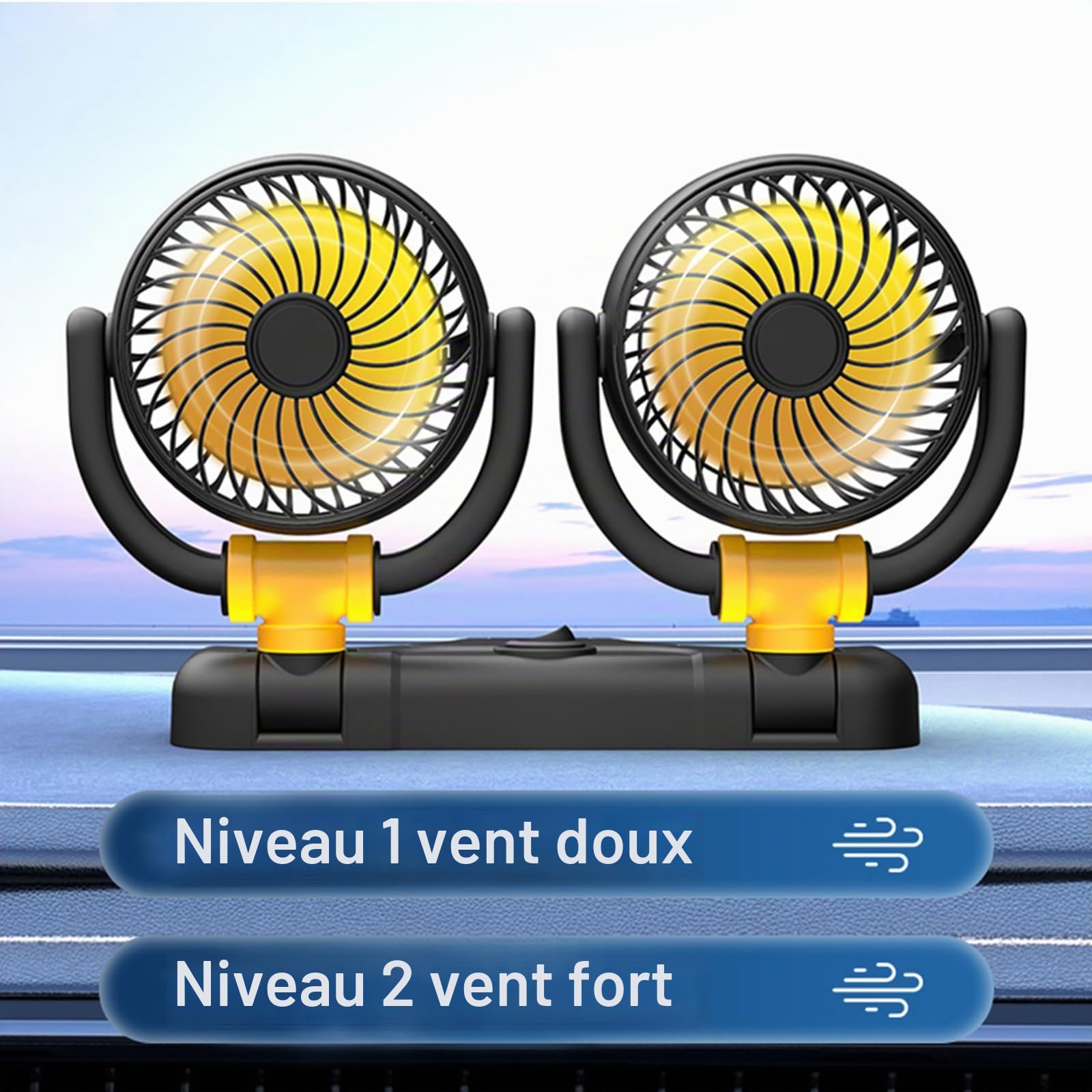 Ventilateur de voiture 12 V - Double tête - Rotation à 360° - Avec allume-cigare - Puissant et silencieux - Pour voiture, van, SUV, RV, bateau