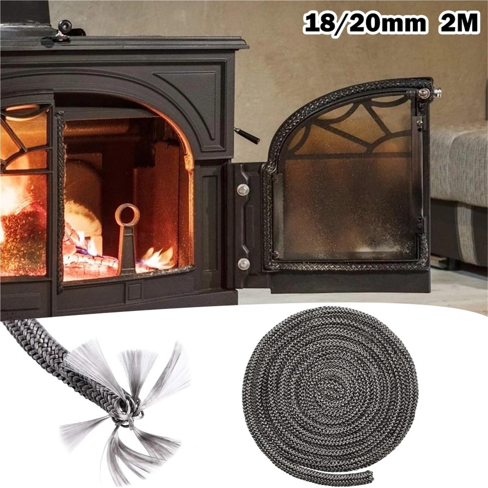 Guarnizione Porta Guarnizione in corda in fibra di vetro 18/20 mm, lunghezza 2 m | Parti della porta del bruciatore di legna Stufe for stufe resistenti alla temperatura(20mm)