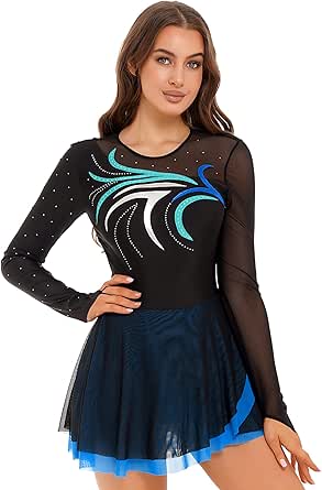 Women's Rhinestone Figure Skating Dress - Long Sleeve Mesh Dancewear For Performances