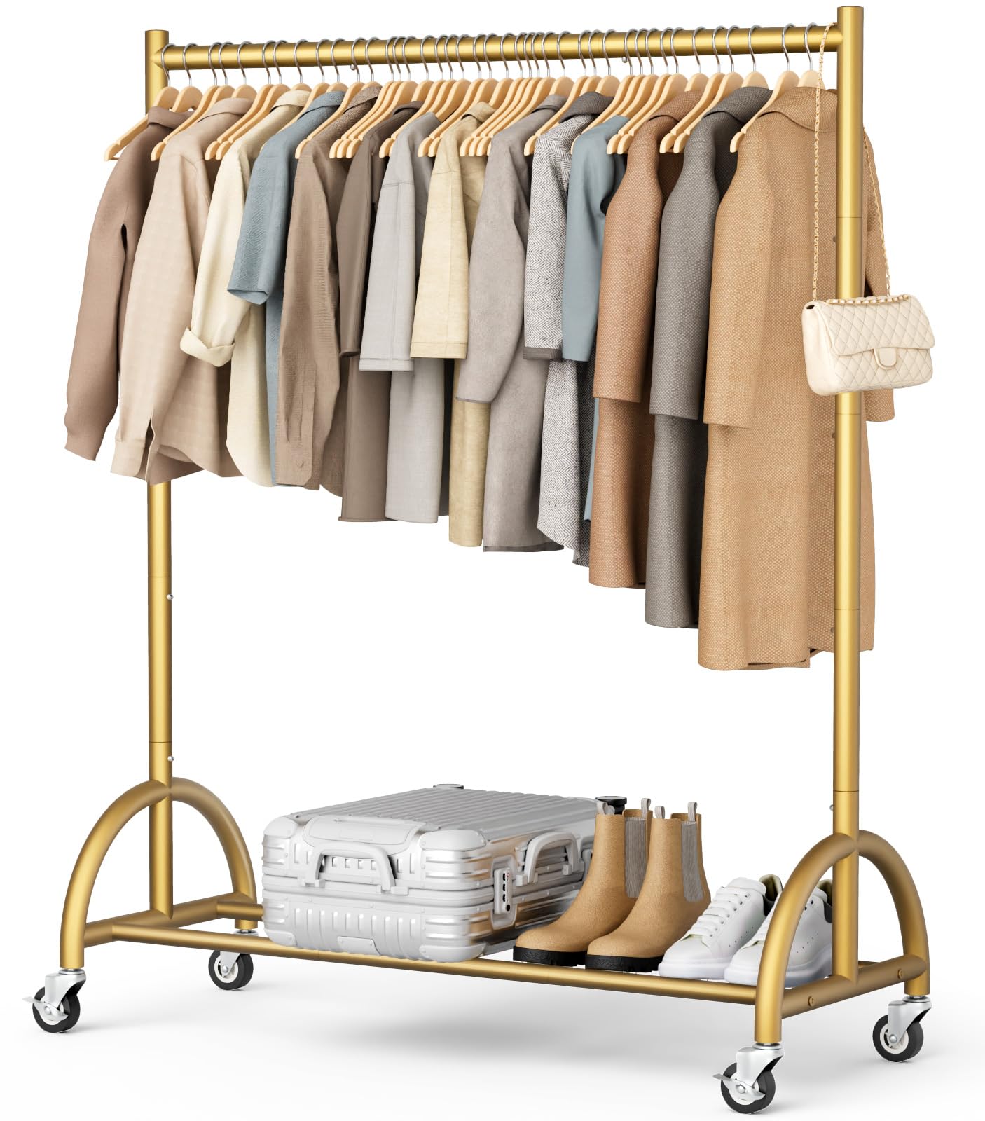 MISSLO Heavy Duty Clothing Rack with Wheels Rolling Clothes Racks for Hanging Clothes Coats Garment Dress Gold