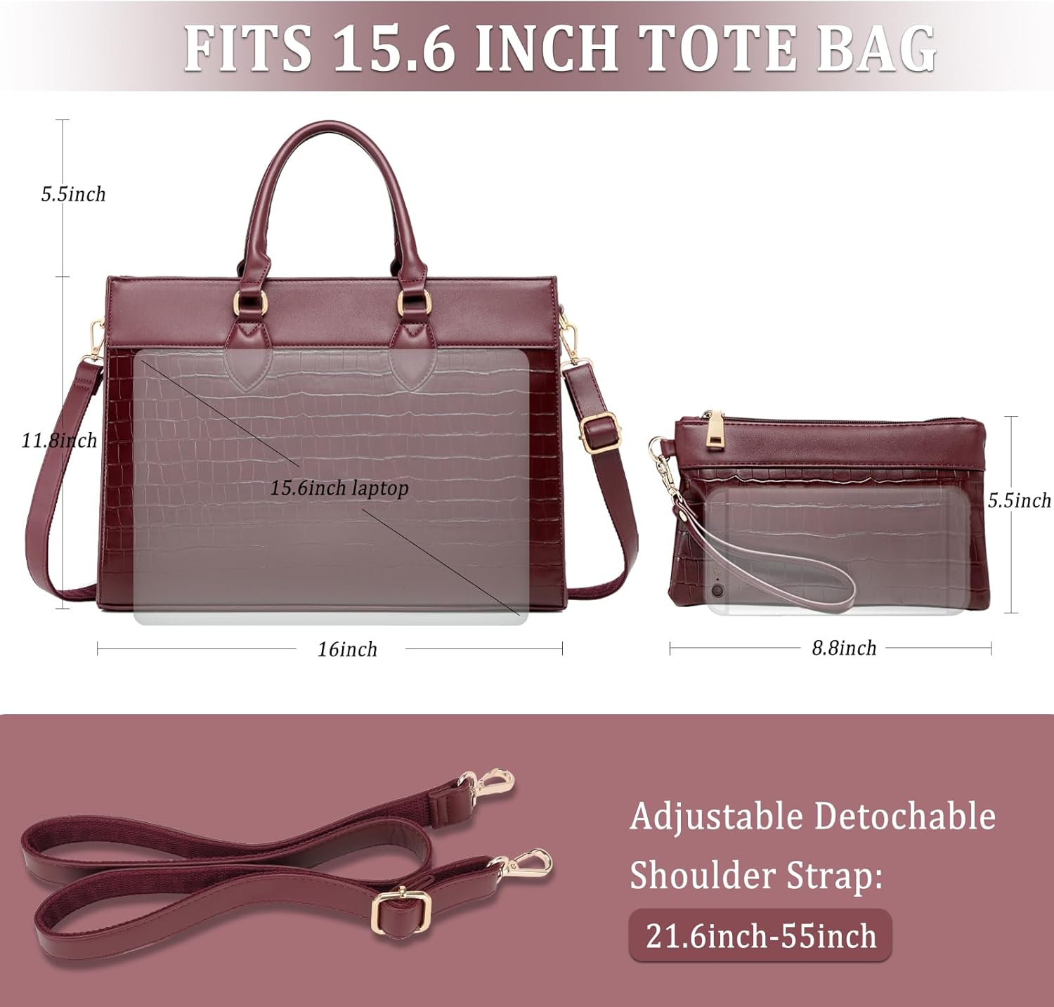 BOLOSTA Laptop Bag for Women 15.6 inch Work Tote Bags for Women Large Waterproof Leather Computer Bag with Clutch Purse