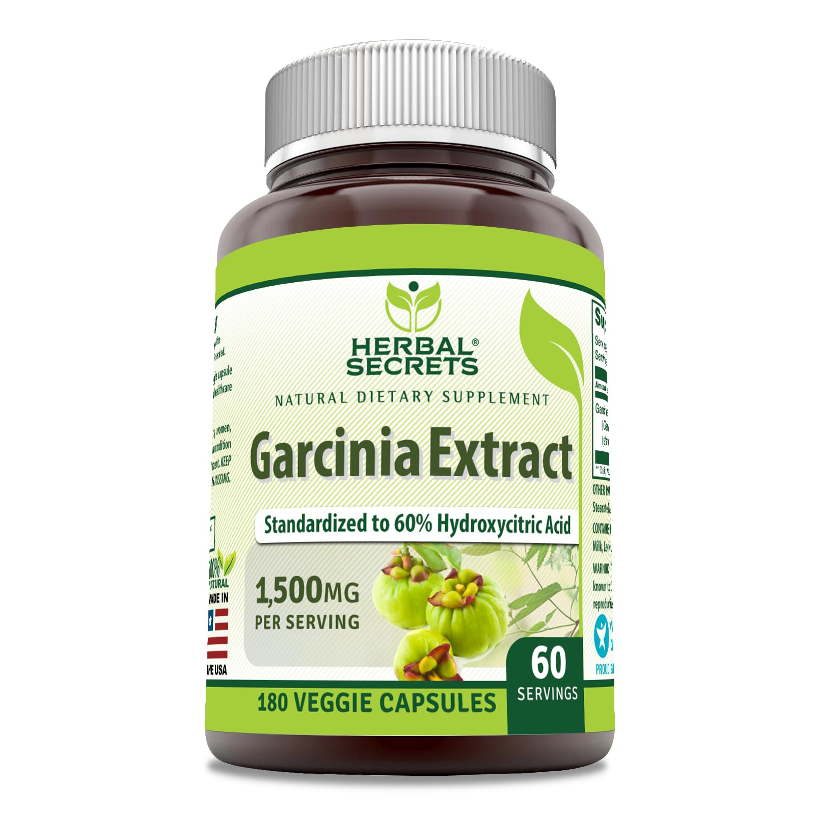 Herbal Secrets Garcinia Extract Supplement |1500 Milligrams | 180 Veggie Capsules | Non-GMO | Gluten-Free | Made in USA