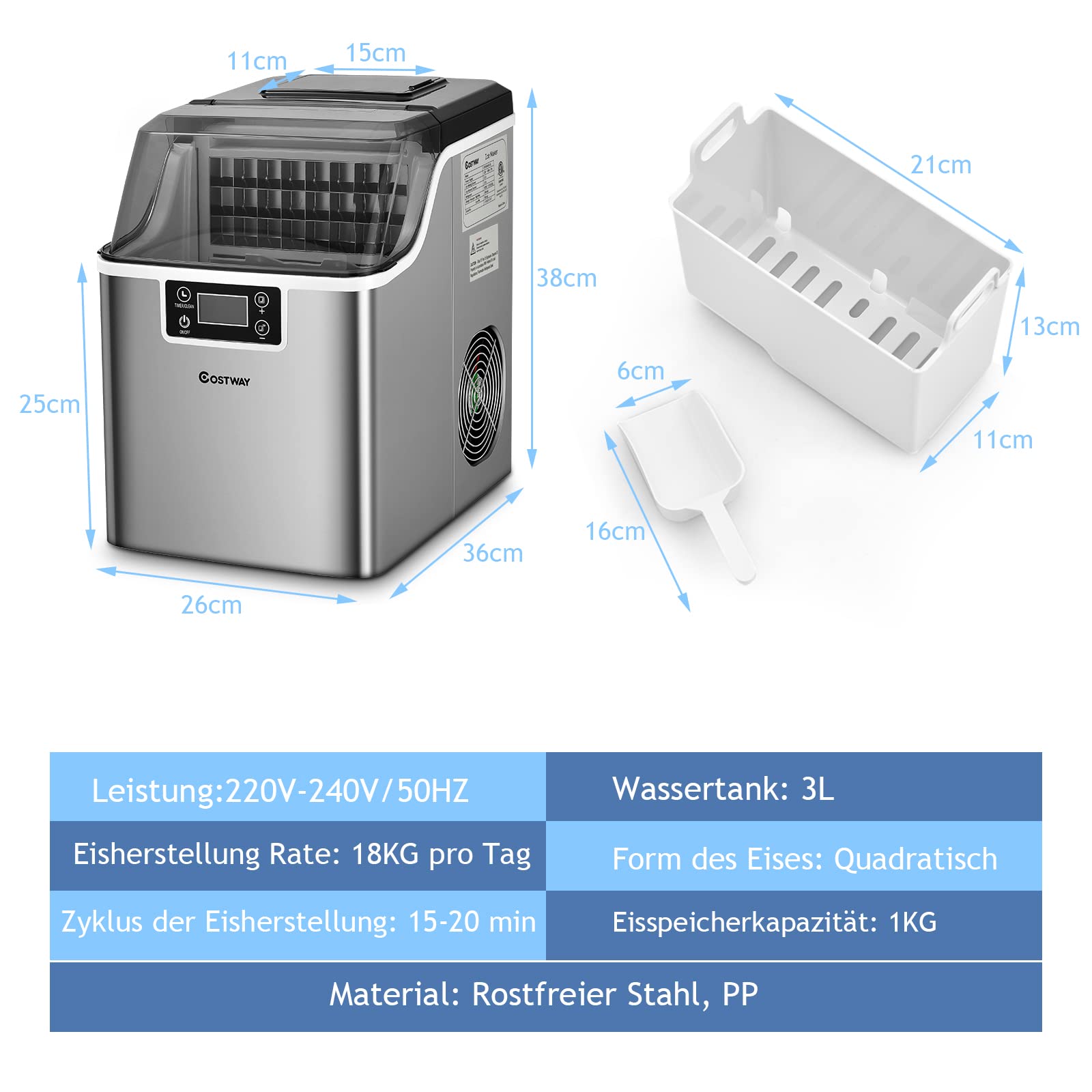 COSTWAY 3,2L Eiswürfelmaschine Ice Maker, Eismaschine Eiswürfelbereiter inkl. Schaufel Timer / 24 Eiswürfel in 15min / 18kg 24H / LCD Anzeige