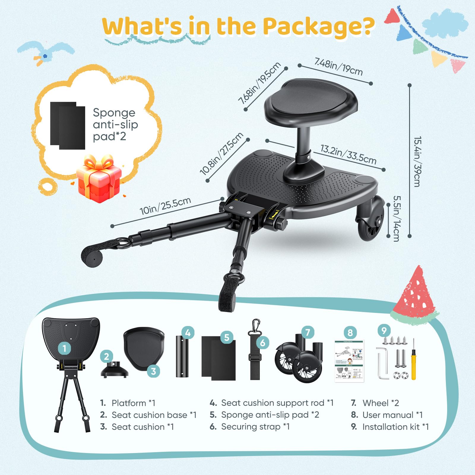 Monopatín universal con asiento grande, tablas con ruedas compatible con el 99% de cochecitos, monopatín universal, 2 en 1 caminata, cochecito para niños de 2 a 6 años (25 kg)