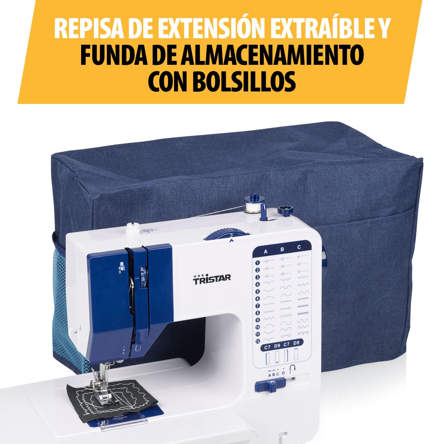 Tristar Máquina de Coser con 38 Puntadas, Mesa Extensible, Brazo Libre, Luz LED, Enhebrador Automático, Cortahilos, Control de Velocidad, Fácil de Usar, SM-6005