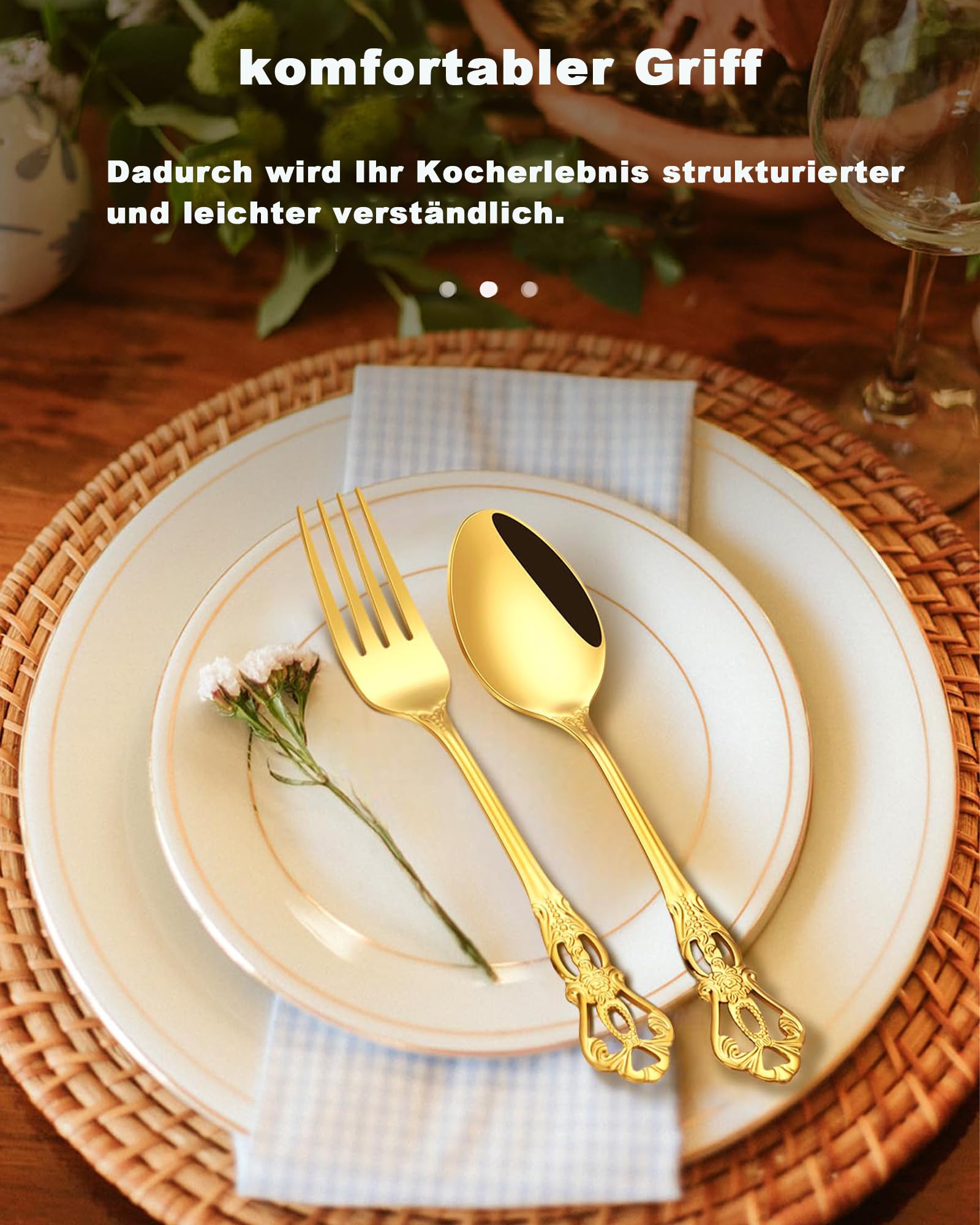 Retro Gold Besteckset für 6 Personen, Wunderschönes 24-teiliges Edelstahlgeschirr, Service für 6 Personen, Utensilienset, Gabel, Löffel, Messer, antikes Barock-Besteckset