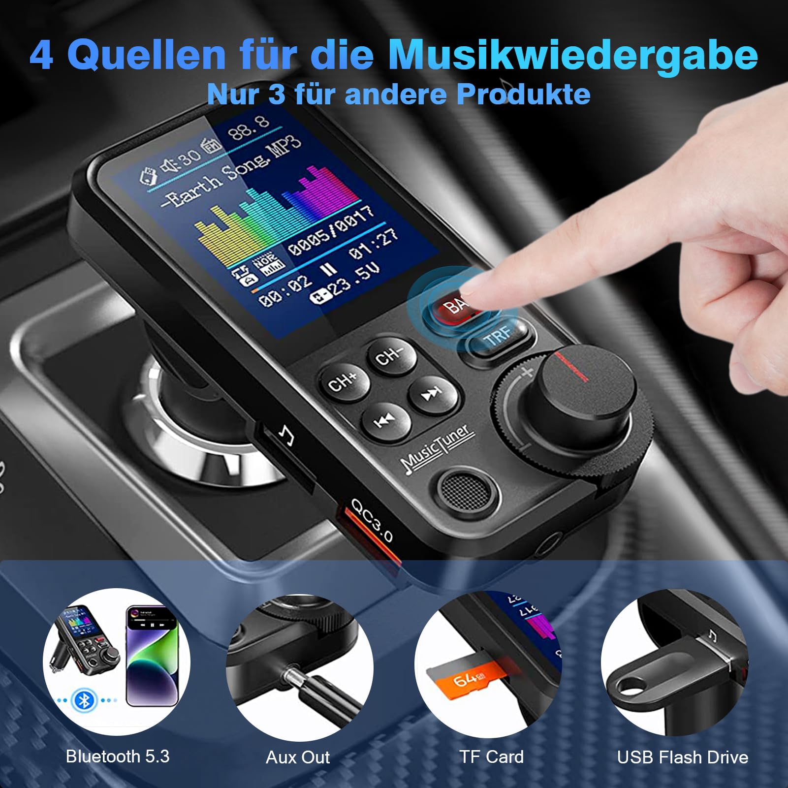 Bluetooth Adapter Auto, FM Transmitter Bloototh, Zigarettenanzünder Auto Player für Car Radio, UnterstüTzung für QC3.0 USB LadegeräT, Bass Musik MP3 Freisprechanlage, 4.5 cm Led Display